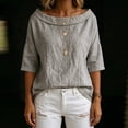 thumbnail image 4 of Womens Shirts Boat Neck Half Sleeve Linen Blouse Casual Loose Fit Solid Color Cotton Linen Summer Lightweight Tops Gray M, 4 of 7