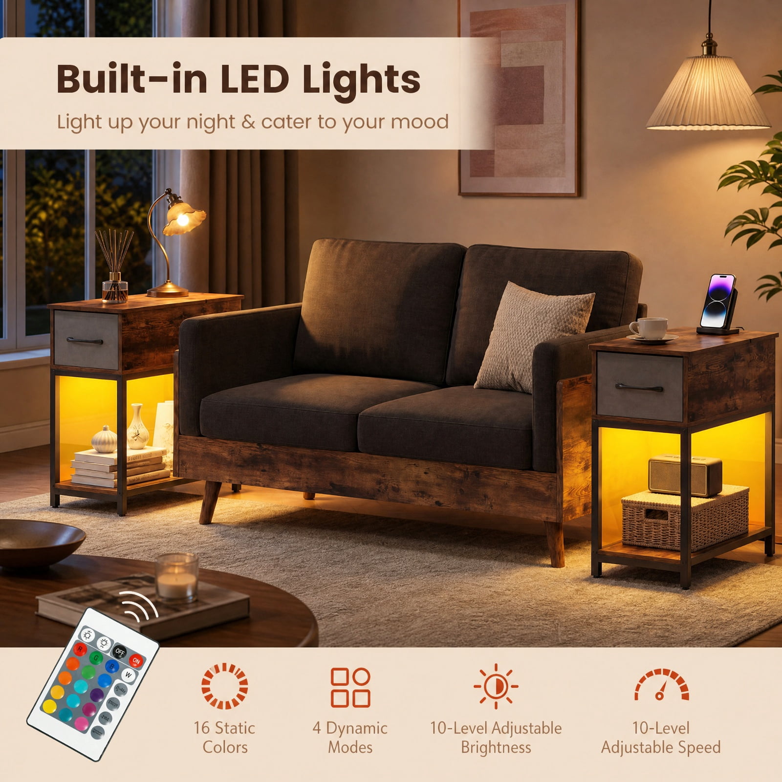 Furnibear Narrow Side Table with Charging Station LED Lights and Fabric Drawer Industrial End Table for Living Room Bedroom Sofa Side, Brown