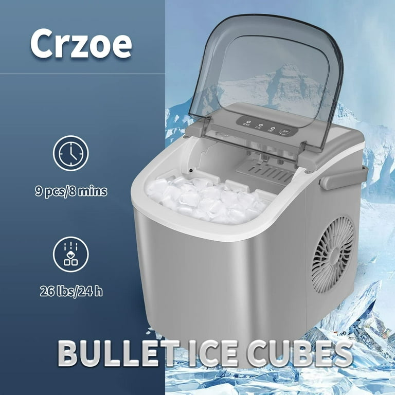  Crzoe Ice Makers Countertop, Ice Machine with Handle, 26Lbs in  24Hrs, 9 Cubes Ready in 6 Mins, Self-Cleaning Portable Ice Maker, 2 Sizes  of Bullet Ice Cubes for Home and Office 