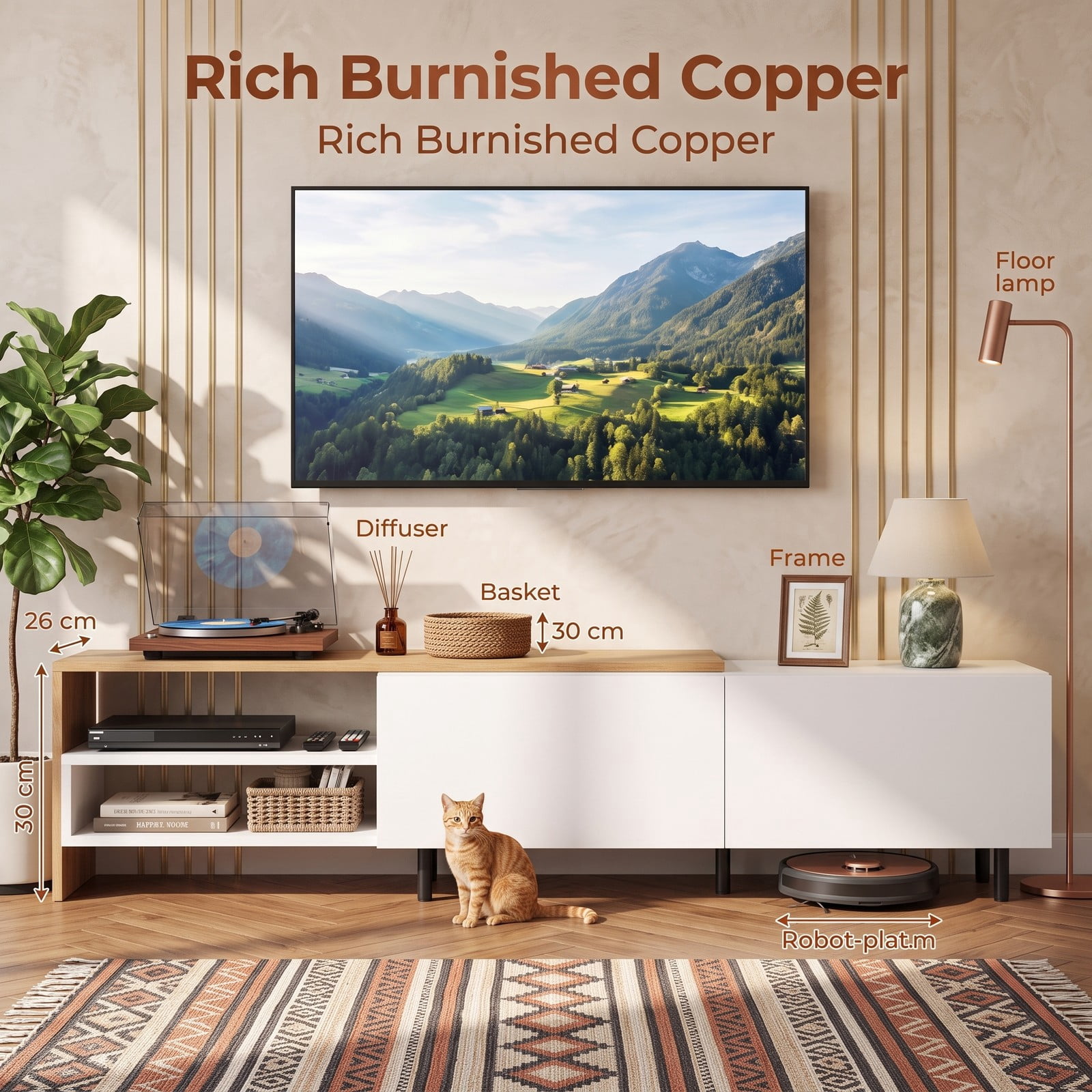 Furnibear Modern TV Stand for TVs up to 80 Inches, Wood Entertainment Center Media Console with 2 Storage Cabinets and Open Shelves for Living Room, White & Natural