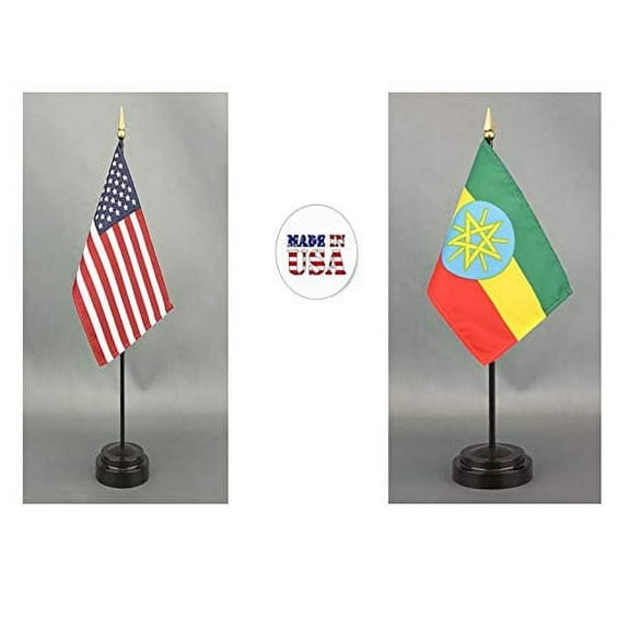 Made in The USA. 1 American and 1 Ethiopian Rayon 4"x6" Office Desk & Little Hand Waving Table Flag, Includes 2 Flag Stands & 2 Small 4"x6" Mini Stick Flags