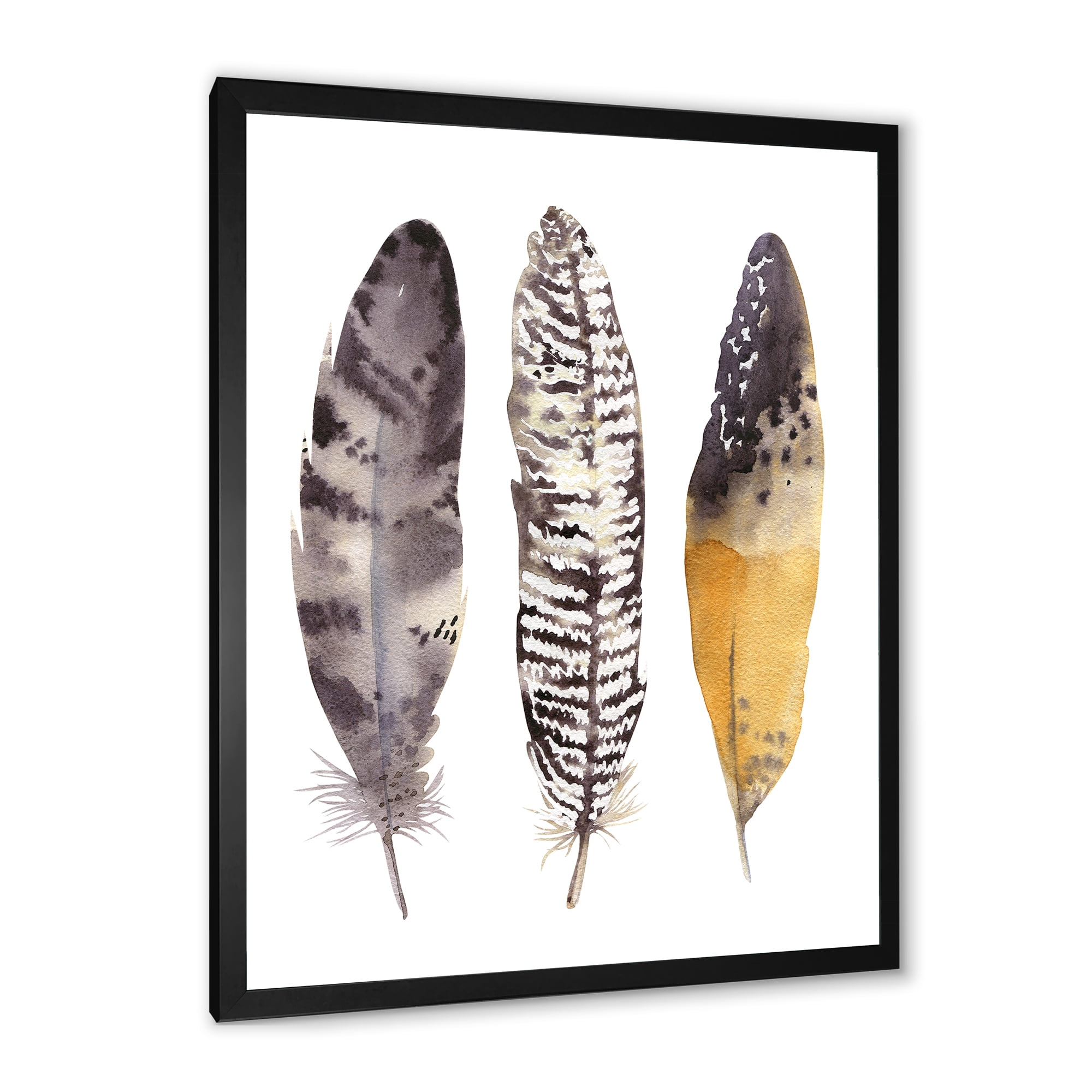 Designart 'Boho Ethnic Art Dark Gray Feathers III' Bohemian & Eclectic Framed Art Print