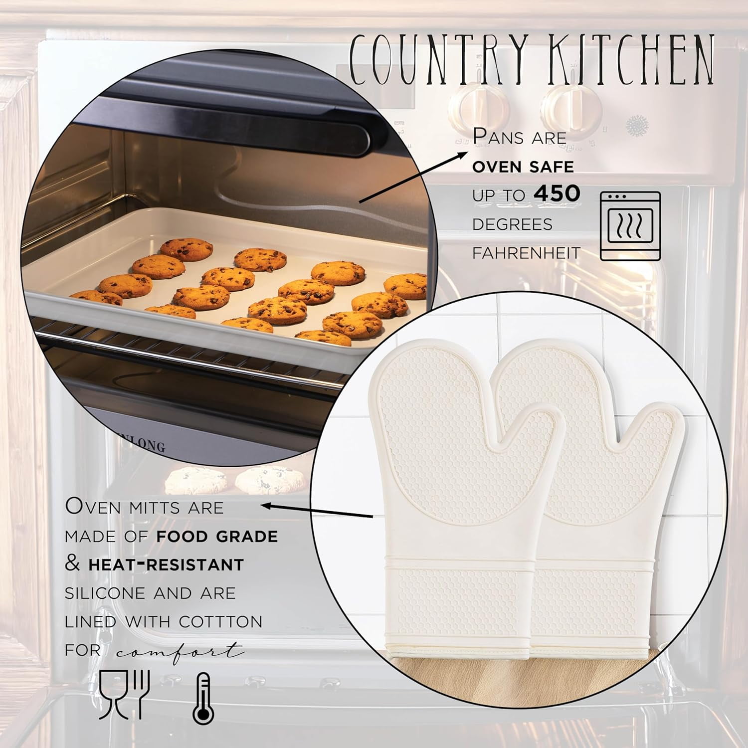 Country Kitchen Nonstick Cookware and Bakeware Set with Stackable Design, Cream, 13-Piece