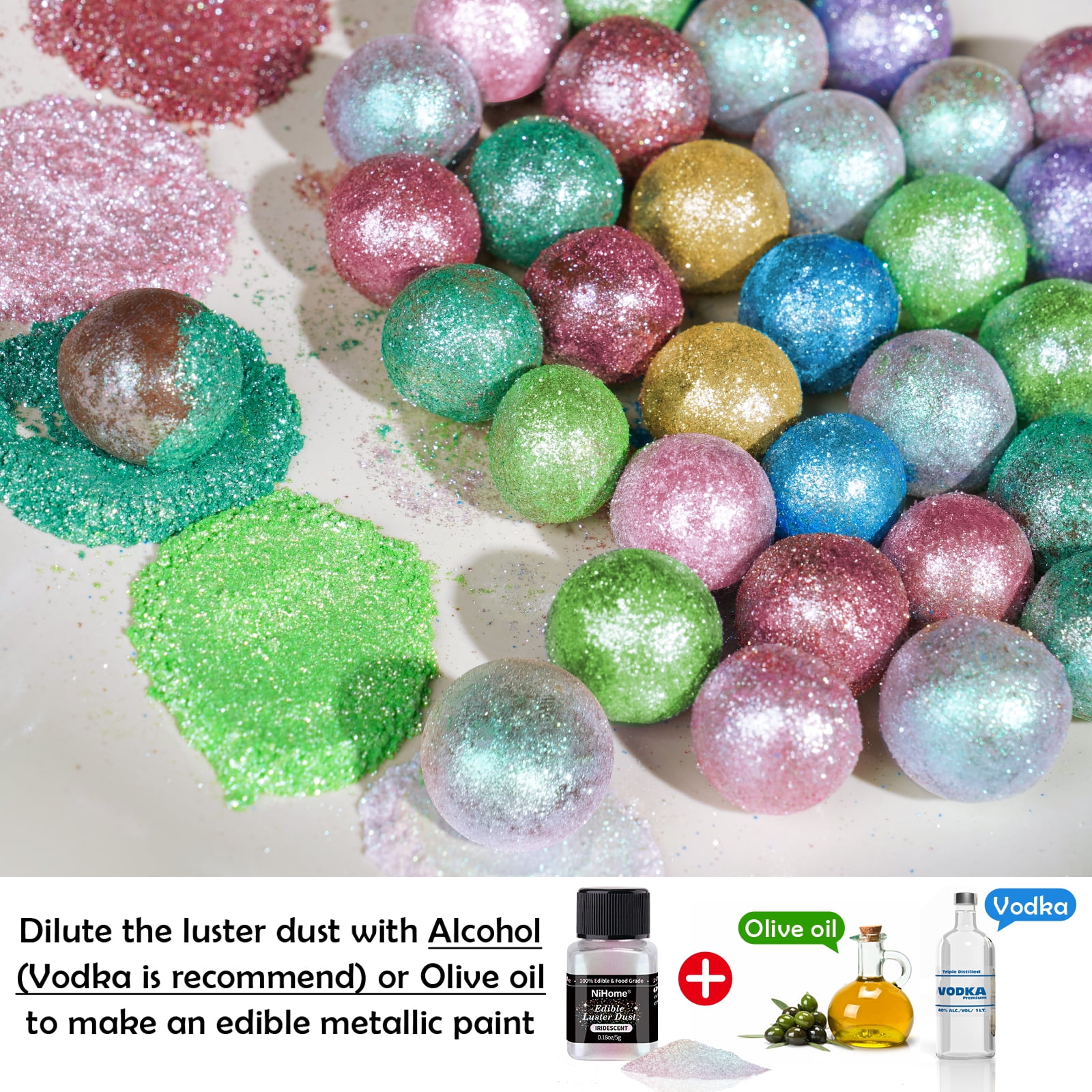 NiHome Edible Food-Grade Glimmer Powder Glitter Luster Dust Metallic Food Decorating Sprinkle Glimmery Dust for Wine Beverage Cake Candy Dessert Bakery Restaurant Vegan (0.18oz/5g, Iridescent)
