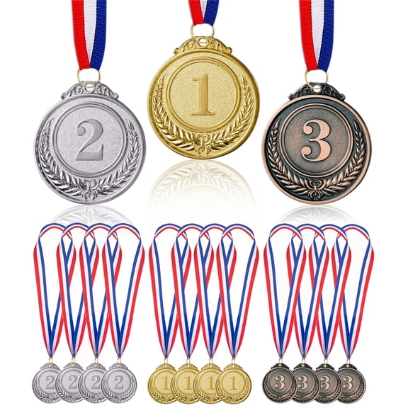 Medals for Children, 12 Pieces Metal Medal Gold Sliver Bronze Winner Medals Olympic Decoration for Kids Adults Sports Day Prizes, Gymnastics Competitions, Party Favours