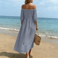 thumbnail image 4 of Women's off-the-Shoulder Cotton Linen Blend Dress Short Sleeve Lace Trim Casual Midi Dress with Side Slit for Summer Beach Vacation Gray S(S), 4 of 7