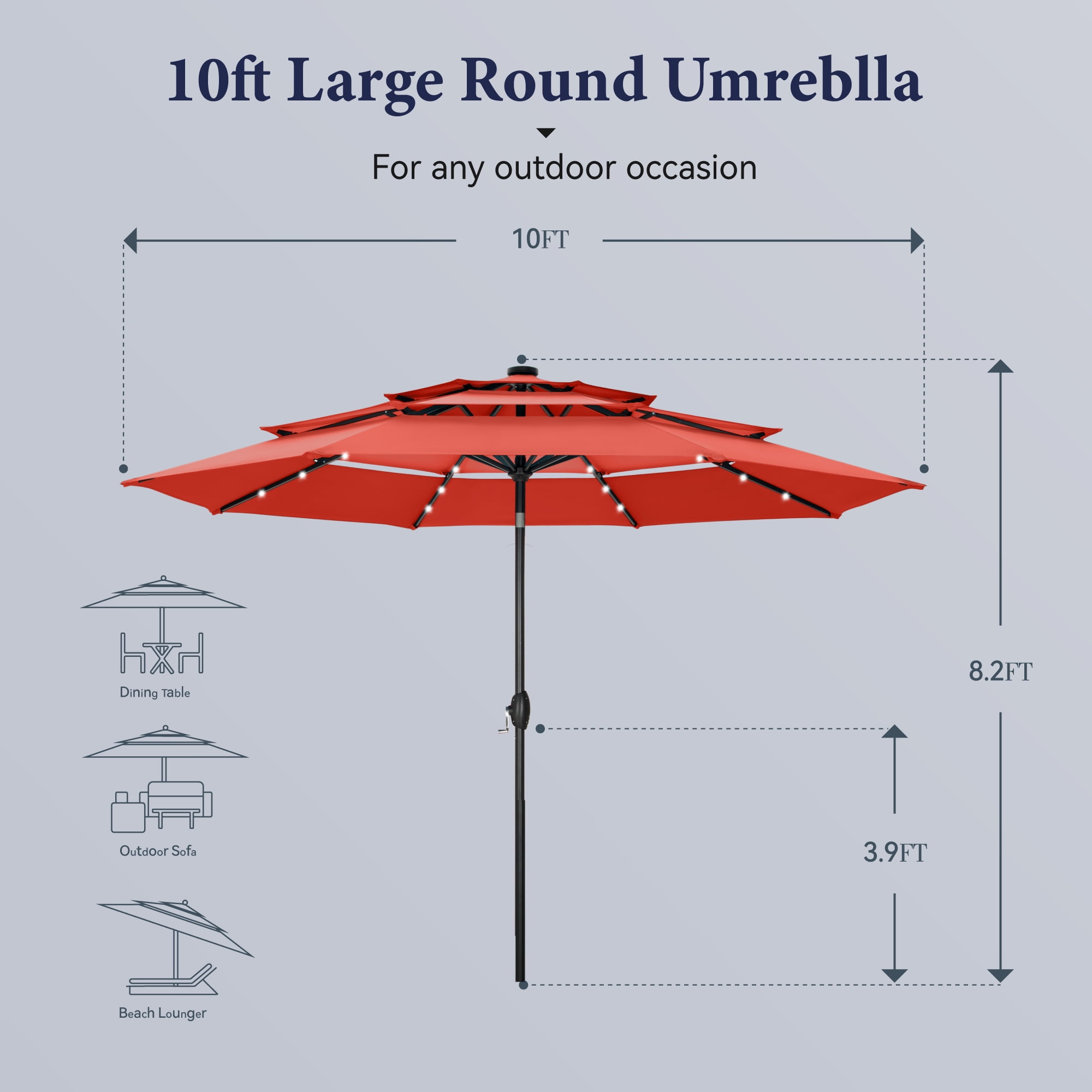 Summit Living 10ft Patio Umbrella with Solar Lights 3-Tier Vented Outdoor Market Umbrella with Auto-Tilt – Orange Red