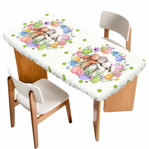 Easter Cute Rabbits Table Cloths for 5 Foot Rectangle Tables, Colorful Eggs Pink Blue Flowers Green Pot Patio Waterproof Elastic Fitted Tablecloths, Washable Rectangular Table Cover for Camping