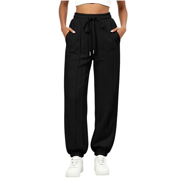 ZHYou No Boundarie Sweatpants for Women Fleece Multi Vertical Seam Drawstring High Waist Loose Cuffed Leg Joggers with Side Pockets,Black,Size M