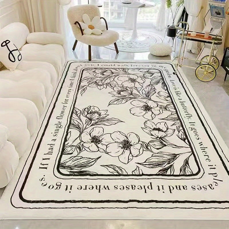 LDS 1pc, Floral Patterned Floor Mat, Black And White Line Area Rug