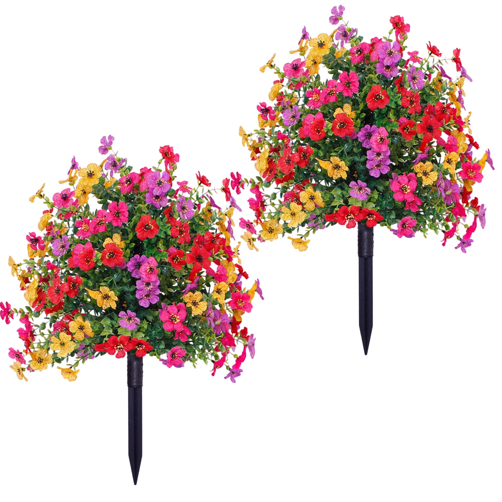 Artificial Flowers with Ground Spikes, Garden Stake Faux Greenery Shrubs 24" Garden Accessories for Farmhouse Outdoor Outside Garden Porch Patio Wedding Party Decoration Multicolor 2pcs
