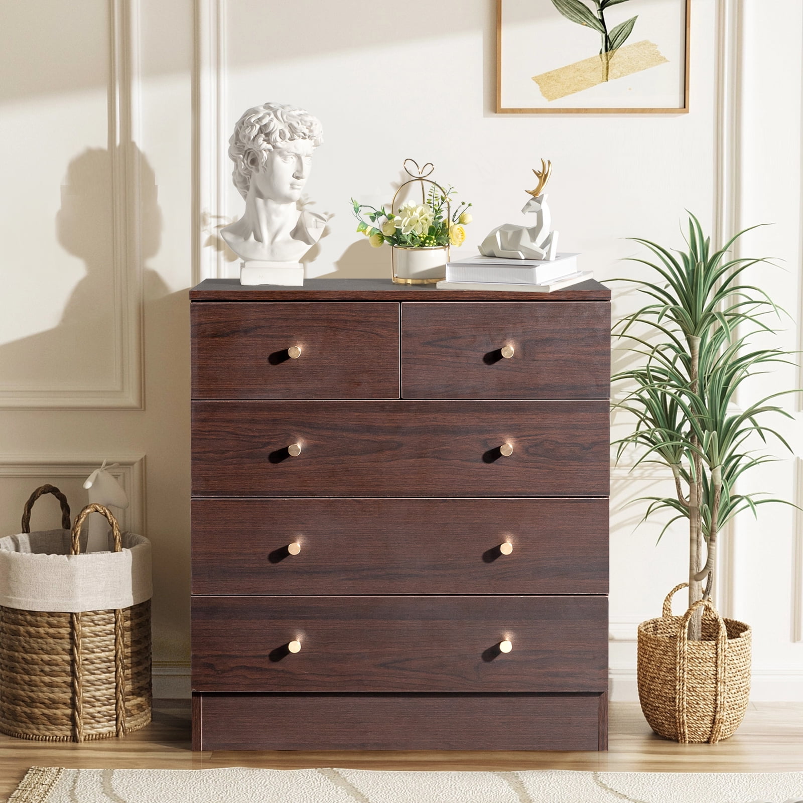 UBesGoo 5 Drawer Wood Dresser for Bedroom, Chest of Drawers, Storage Organization Unit for Clothing, Brown