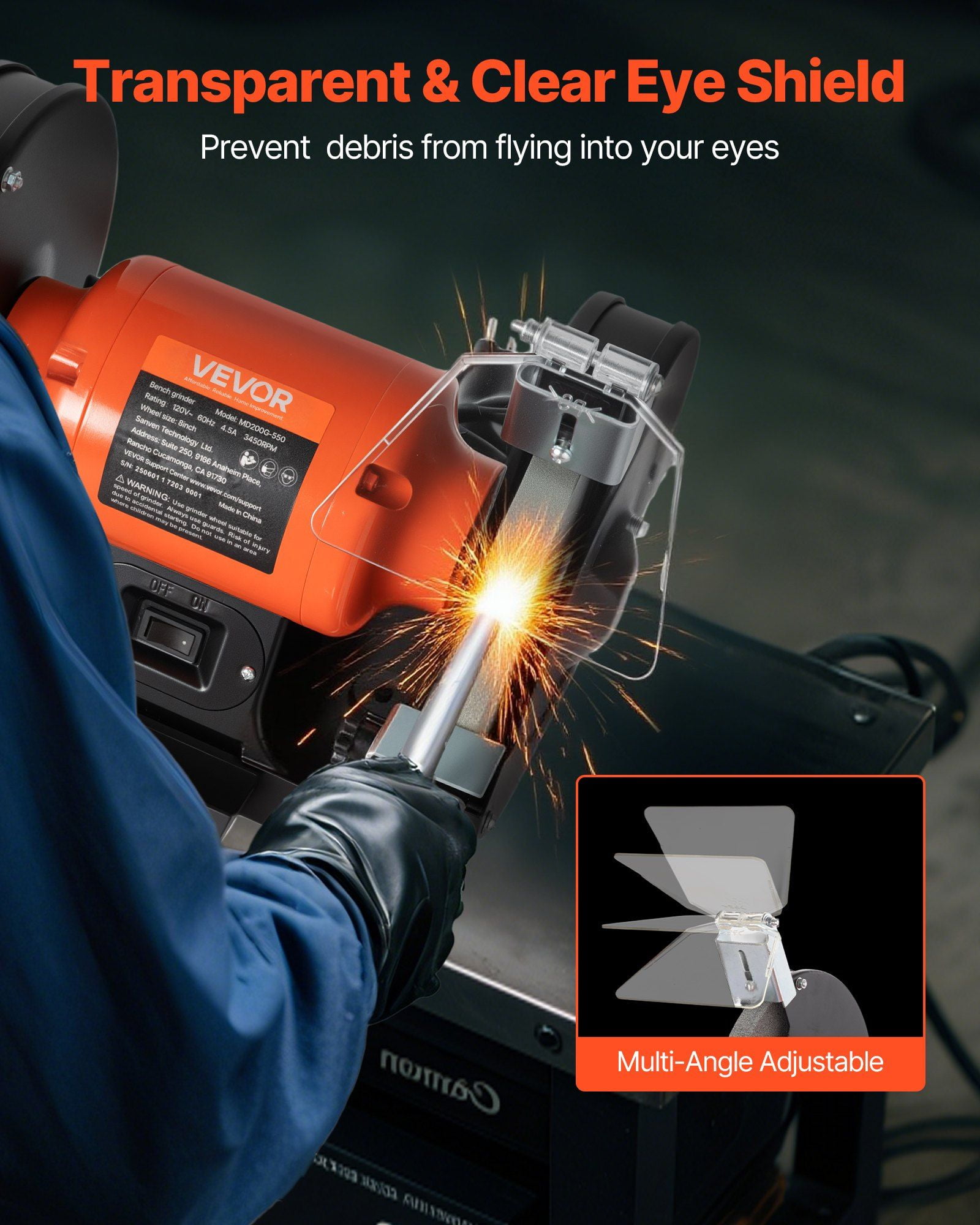 8 Inch Bench Grinder 3450RPM 550W Induction Motor with 36 60 Grit Grinding Wheel Adjustable Eye Shield for Fast Sharpening Grinding
