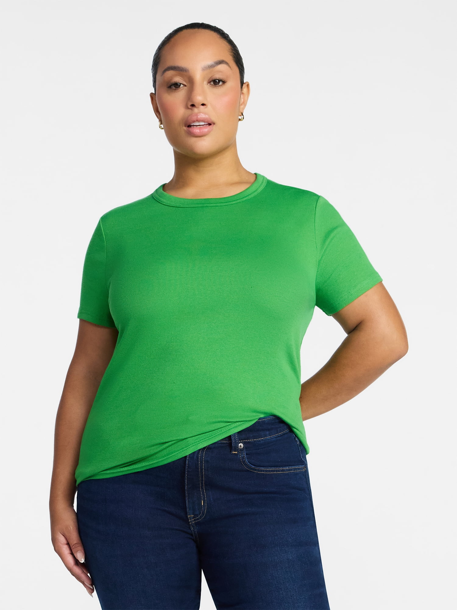Time and Tru Women's Ribbed Tee with Short Sleeves, Sizes XS-XXXL
