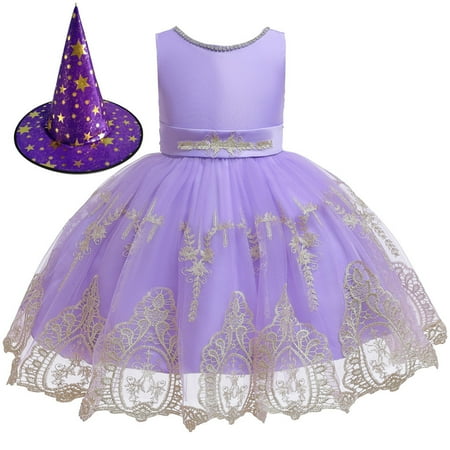 

jsaierl Girls Halloween Dress Embroidered Chiffon Mesh Sleeveless Tutu Dress Puffy Sundress Cosplay Party Princess Dresses with Hat
