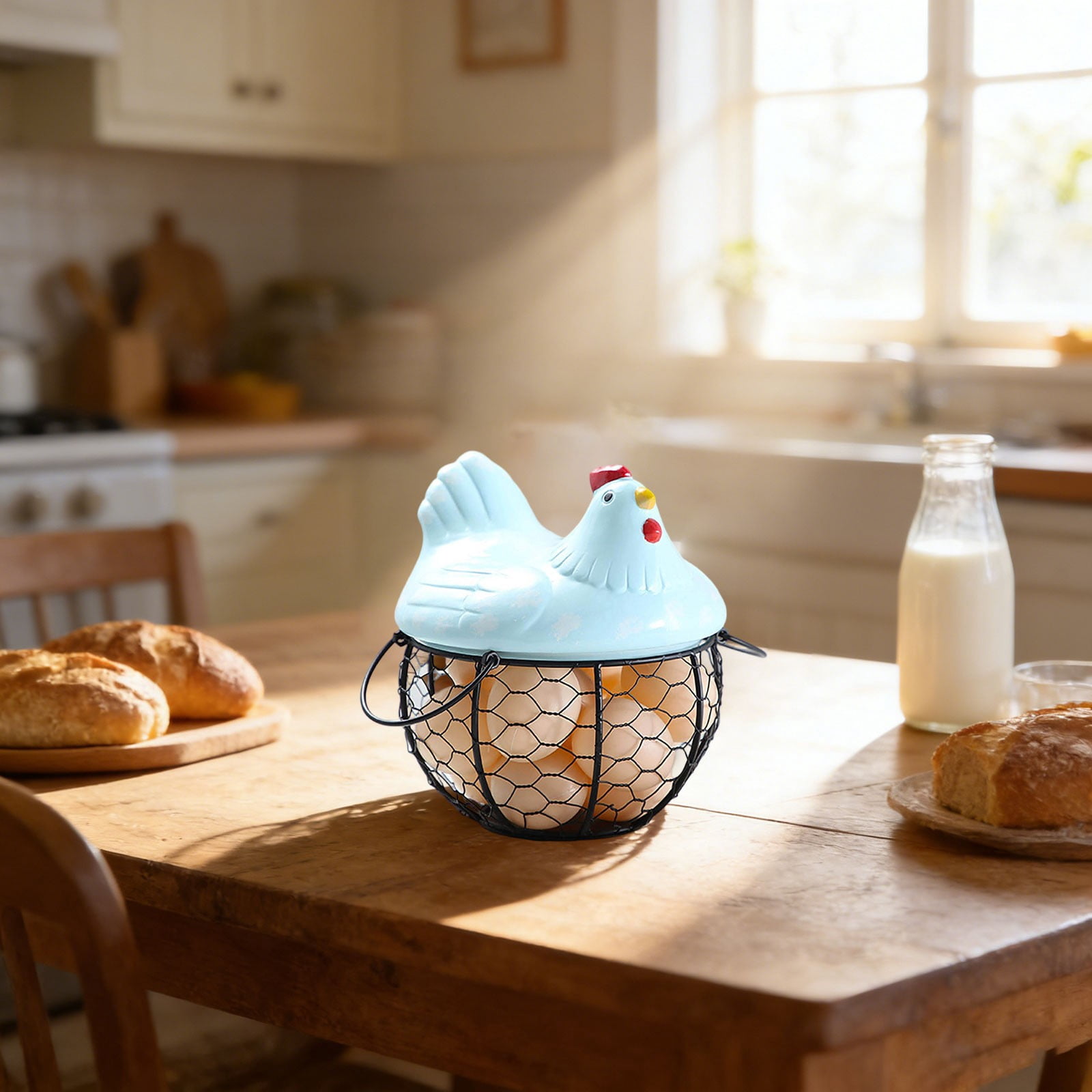 Farmhouse Egg Basket with Ceramic Lid, Black Wire Egg Holder for Fresh Eggs, Decorative Chicken Design Egg Storage Container, Kitchen Countertop Organizer Case for Eggs