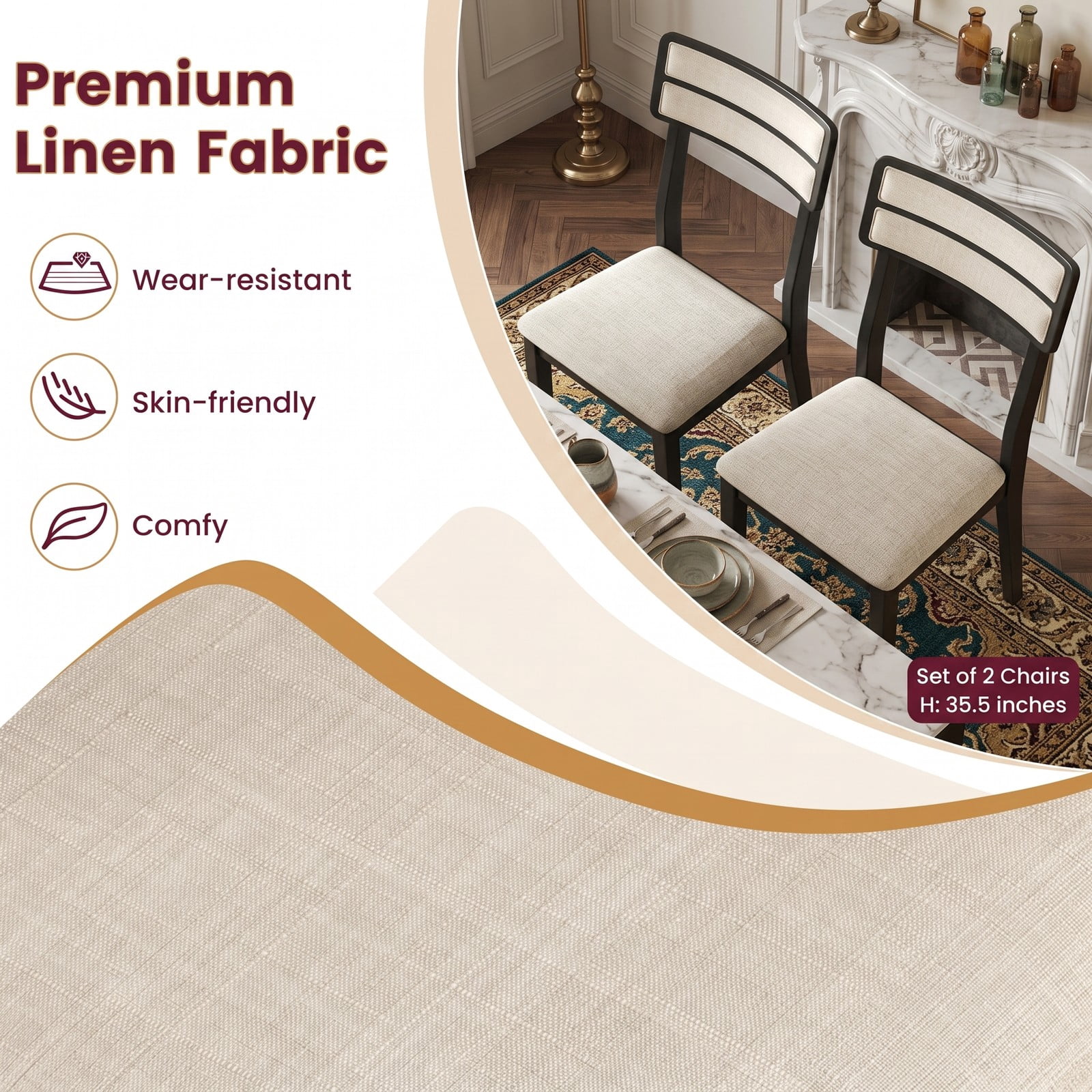 Furnibear Modern Dining Chairs Set of 4, Upholstered Linen-Feel Fabric Kitchen Chairs with Tilt Backrest and Rubber Wood Legs, Padded Accent Side, Beige and Black