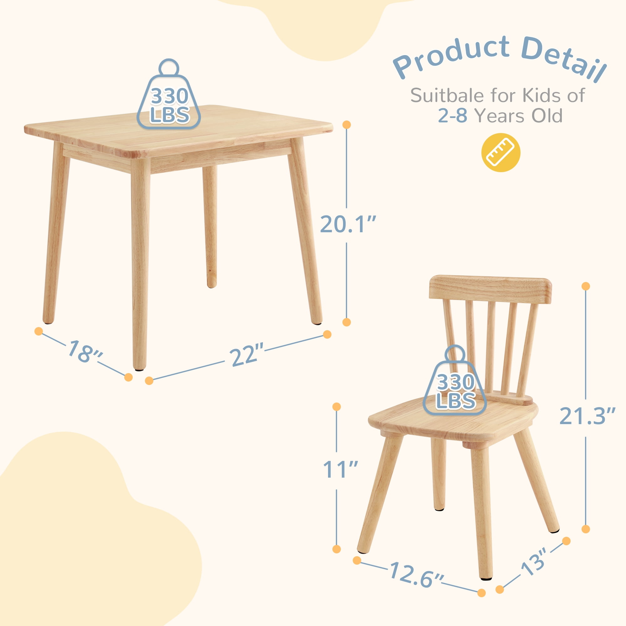 Curipeer Windsor Rubberwood Kids Table and 2 Chairs Set with Non-Slip Legs Round Edge Design for Play, Natural Wood