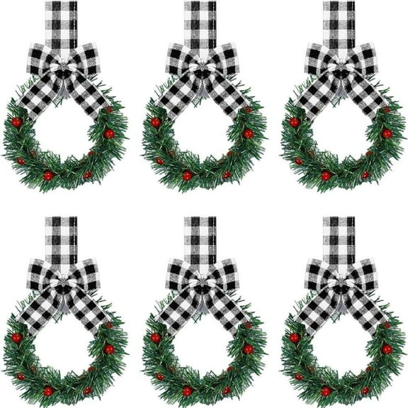6 Pieces Mini Artificial Christmas Wreaths Ornaments,5 Cabinet Wreaths for Kitchen with Ribbon Bows Red Berry Small Window Wreath for Window Door Farmhouse Christmas Party Decorations