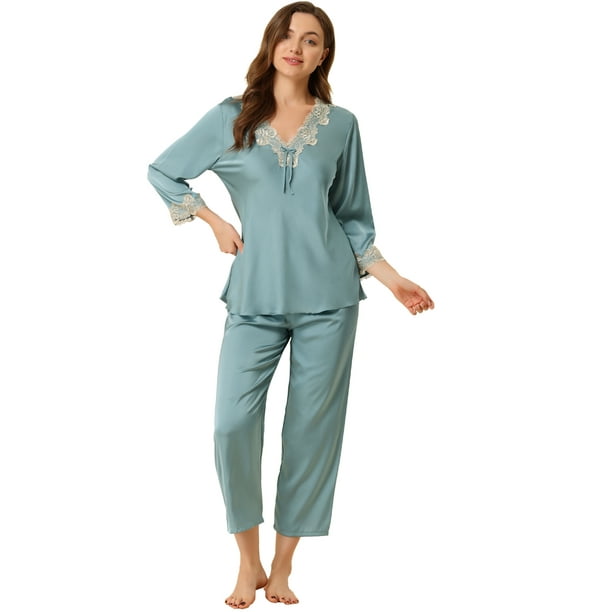 Unique Bargains Women’s Satin Pajama Lace Trim Night Suit Lounge ...