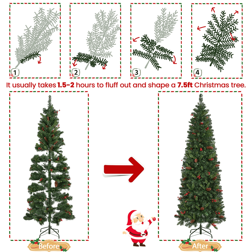 Alden Design 7.5Ft Pre-lit Artificial Christmas Tree with Pinecones & Holly Berries, Green