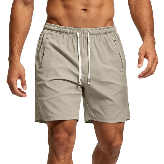 Nestiefly Men's Linerless Workout Elastic Waist Drawstring Shorts Quick Dry for Running Sports Athletic Gym with Zipper Pockets Khaki 2XL