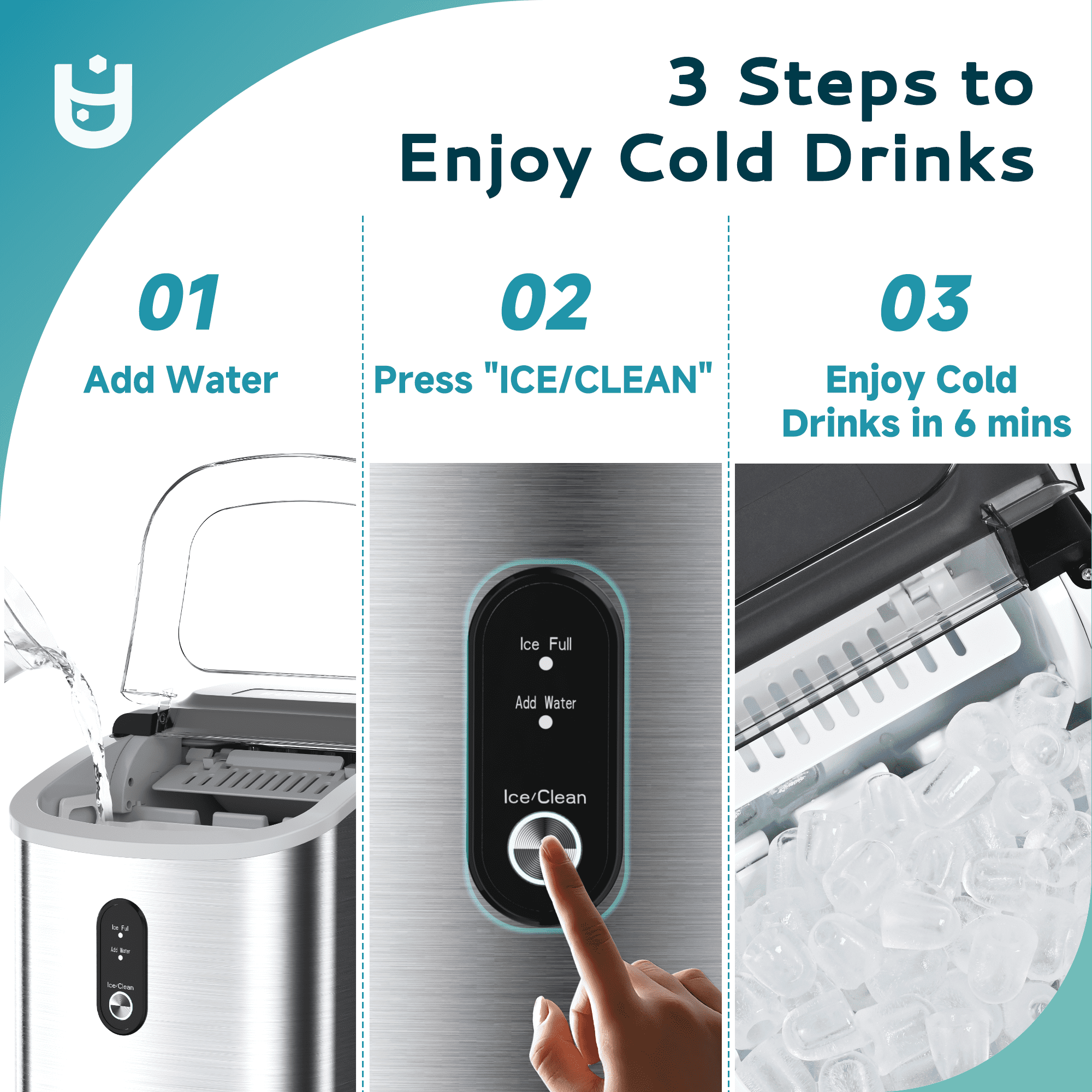 EUHOMY Countertop Ice Maker 26 lbs/Day Portable Self-Cleaning, 9 Bullet Ice in 6 Min, Silver