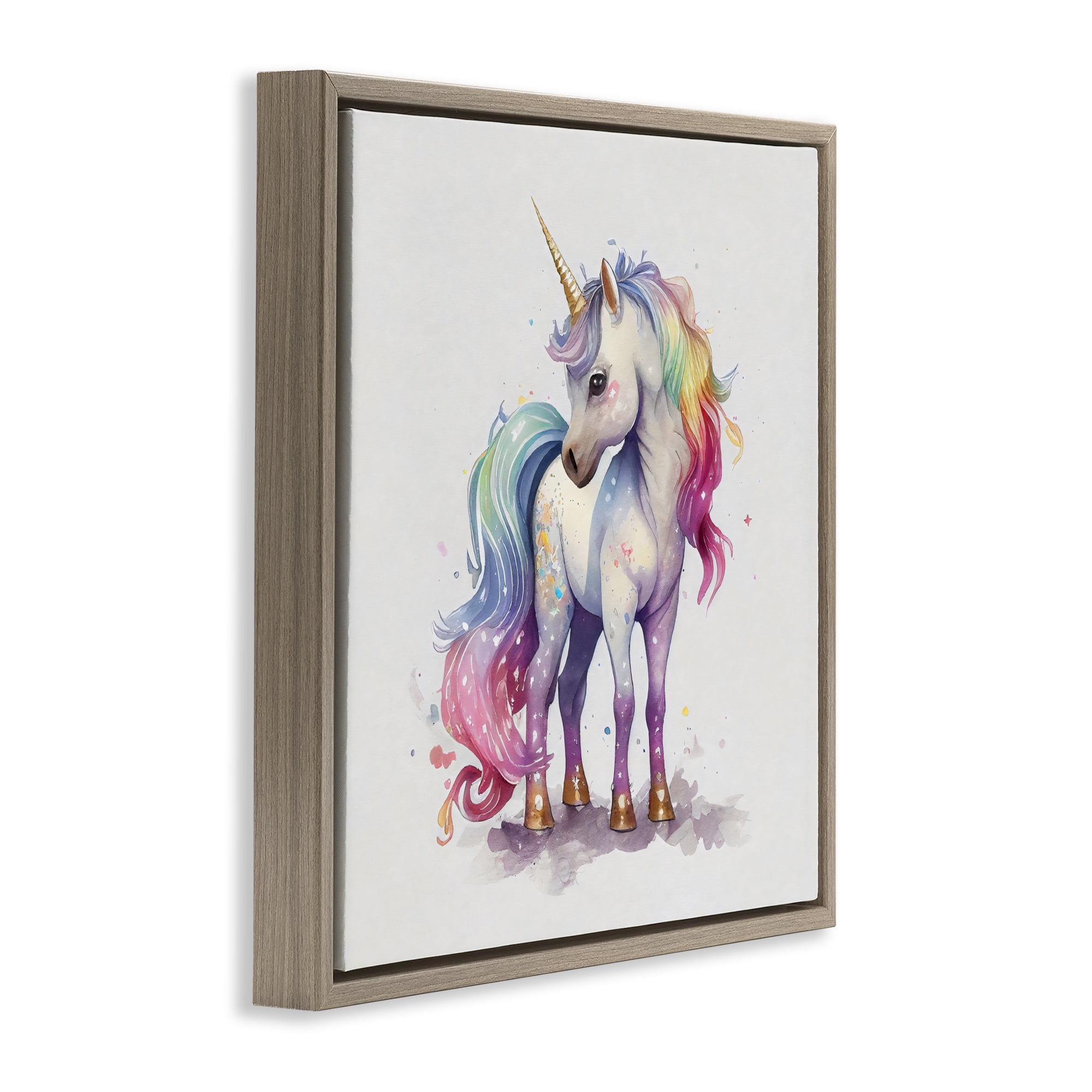 Stupell Industries Watercolor Unicorn & Rainbow Mane Brown Framed Floater Canvas Wall Art, design by Creative Studio
