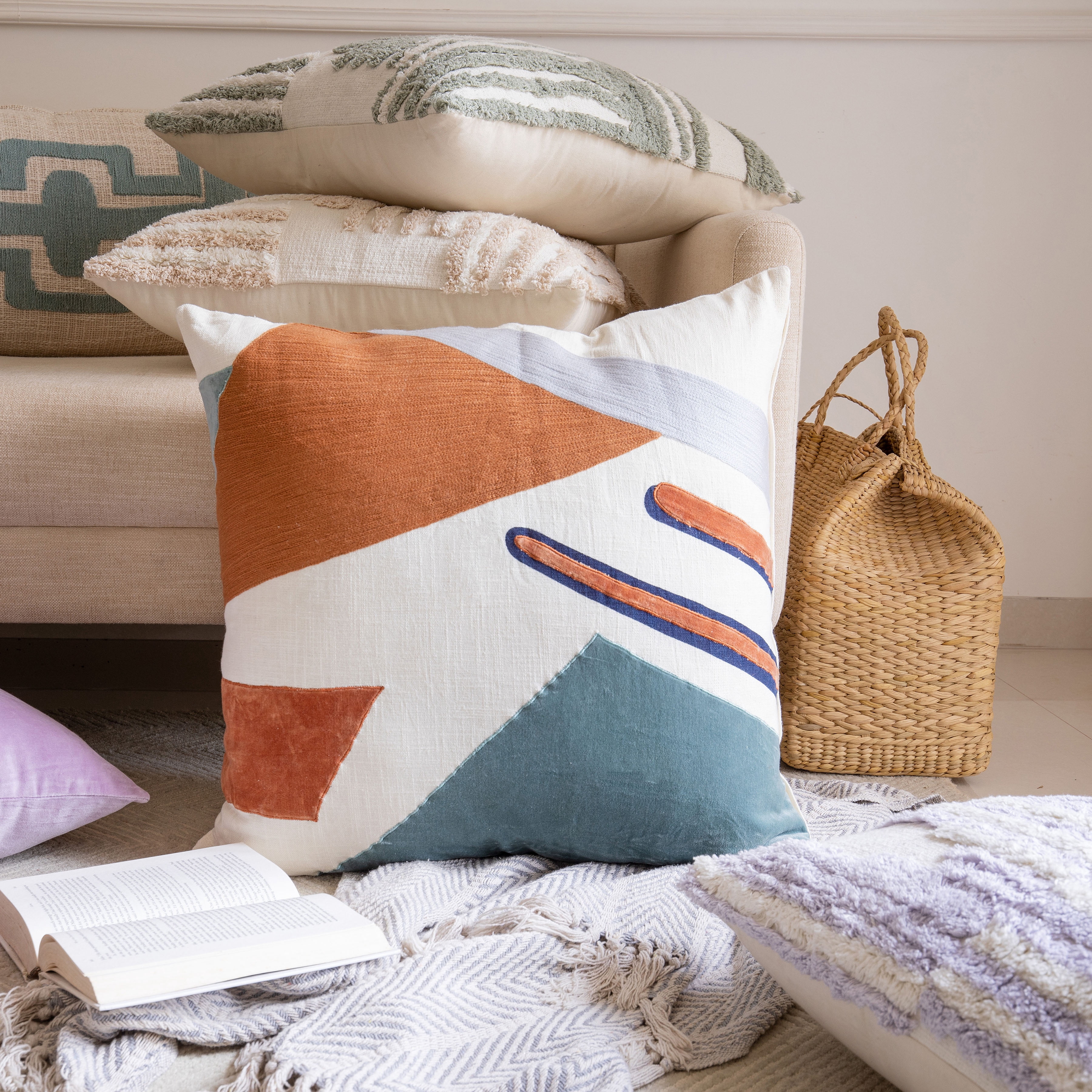 Fame Modern Patchwork Handmade Decorative Throw Pillow, Sage Green/Adobe, 24" x 24", Count per Pack 1