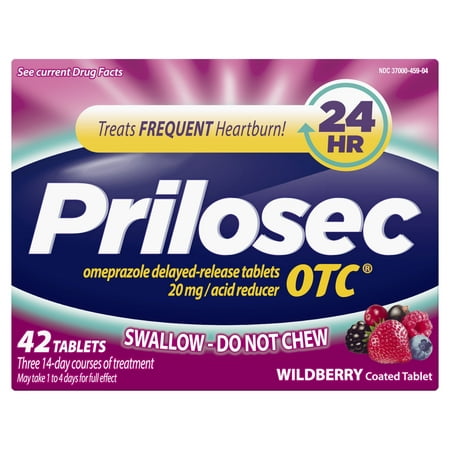 Prilosec OTC Frequent Heartburn Relief Medicine and Acid Reducer, Wildberry Flavor, 42 Tablets - Omeprazole Delayed-Release Tablets 20mg - Proton