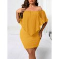 thumbnail image 5 of Mustard Yellow Plus Size Off-Shoulder Fitted Mini Dress With Sheer Flounce Overlay, 5 of 7