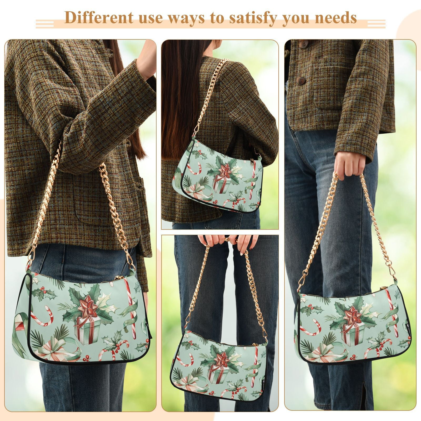 Christmas Candy Canes Gifts and RibbonsWomen Small Shoulder Bag Crossbody Tote Hobo Bags Purse Clutch Handbags with Chain Strap for Women