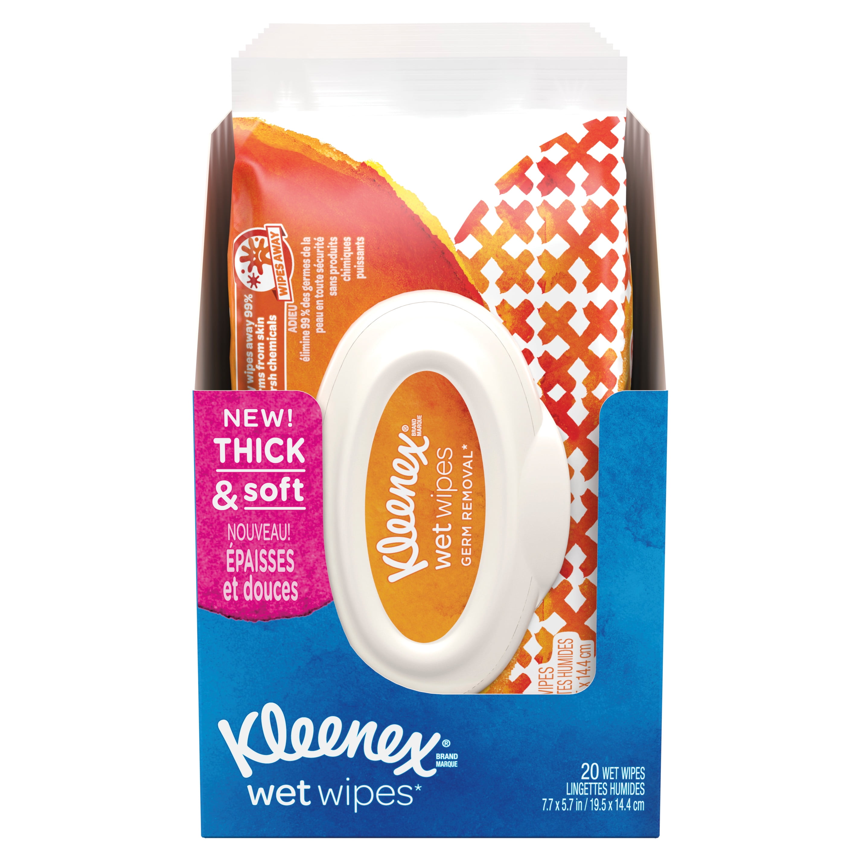Kleenex Wet Wipes Germ Removal for Hands and Face, 1Ply, 20 Towels/Pack, 14 Pack /Carton -KCC48578CT