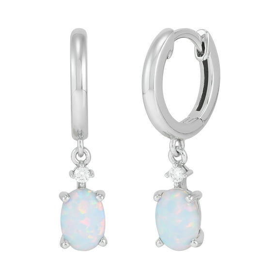 Brilliance Fine Jewelry Oval Created Opal and White Cubic Zirconia Hoop Earrings in Sterling Silver