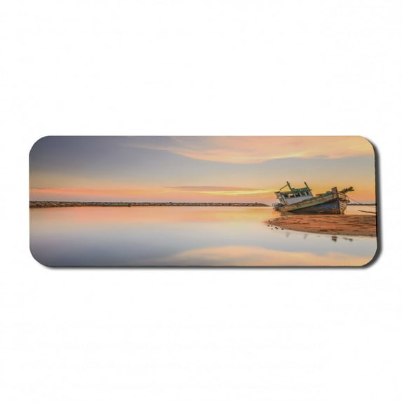 Nautical Computer Mouse Pad, Vessel on Coast Long Exposure Dramatic Sunset Photo Solitude Lonely Twilight Theme, Rectangle Non-Slip Rubber Mousepad Large, 31" x 12", Blue Peach, by Ambesonne