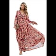 thumbnail image 3 of Vestido Maxi Bohemio para Mujer, Cuello en V, Larga Abullonada, Volantes, Corte A, Abertura, . Flor Roja XL, 3 of 8