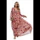 thumbnail image 3 of Vestido Maxi Bohemio para Mujer, Cuello en V, Larga Abullonada, Volantes, Corte A, Abertura, . Flor Roja XL, 3 of 8