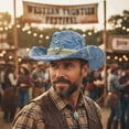 thumbnail image 3 of RUINIXCW Western Denim Cowboy Hat Blue Denim Cowgirl Hat For Man Women Distressed Jean Hat With Bull Head Buckle Belt Wide Brim Outback Hat, 3 of 8