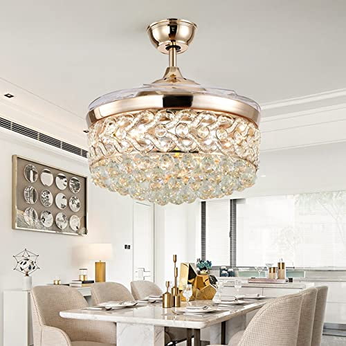 Fandian 42" Modern Crystal Chandeliers Ceiling Fan with Lights Remote Control, Retractable Blades, 3 Color Changes Lighting, Silent Gold Fixtures for Living Room, Bedroom