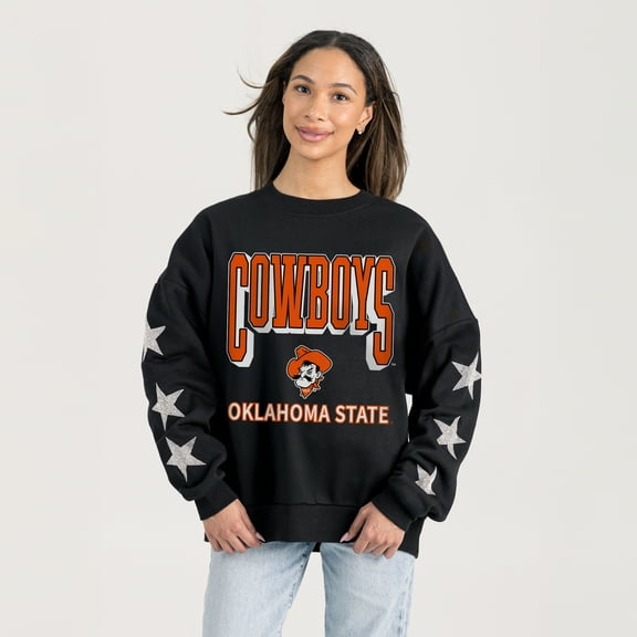Women's Gameday Couture Black Oklahoma State Cowboys Pure Victory Relaxed Rhinestone Pullover Sweatshirt