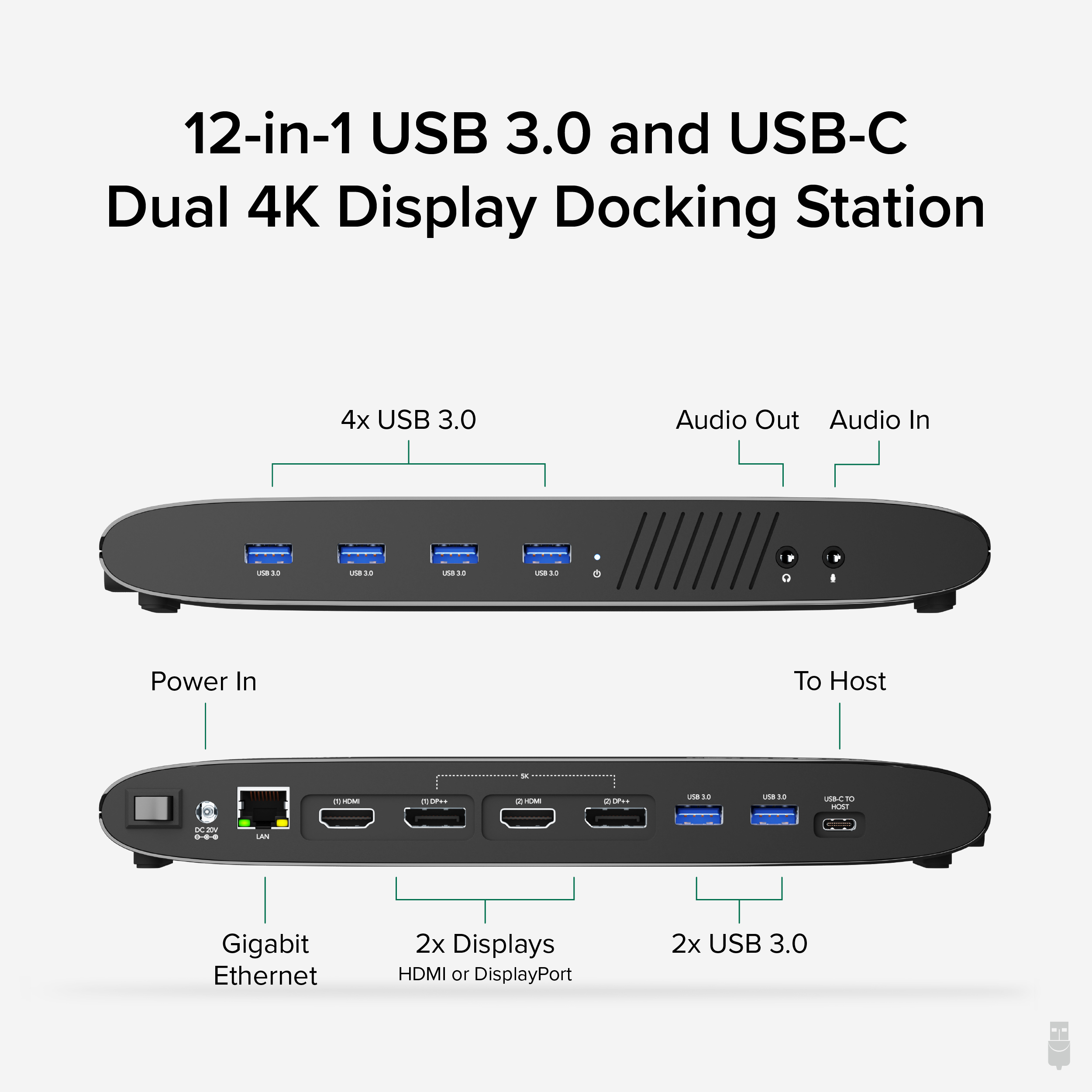 Plugable Universal Laptop Docking Station, 4K Dual Monitor, DisplayPort or HDMI, Windows Mac or ChromeOS Laptops, USB-C or USB 3.0, Adds 2 Displays, Ethernet, Audio, 6 USB Ports - image 2 of 8