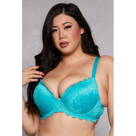 Rainbow Shops Female Adult Plus Size Floral Lace Plunge Bra Plunge Bra  Padded Push Up  Hook and Eye Closures  Adjustable Strap(s)  Solid  Lace  Final Sale - No Returns