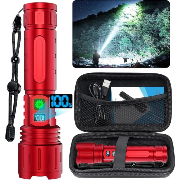 Flashlights High Lumens Rechargeable - 1500 Meters Long Beam Super Bright LED Flash Light with Power Display & IPX5 Waterproof for Camping, 20H Runtime,5 Modes,Zoomable Handheld Flashlight -Red