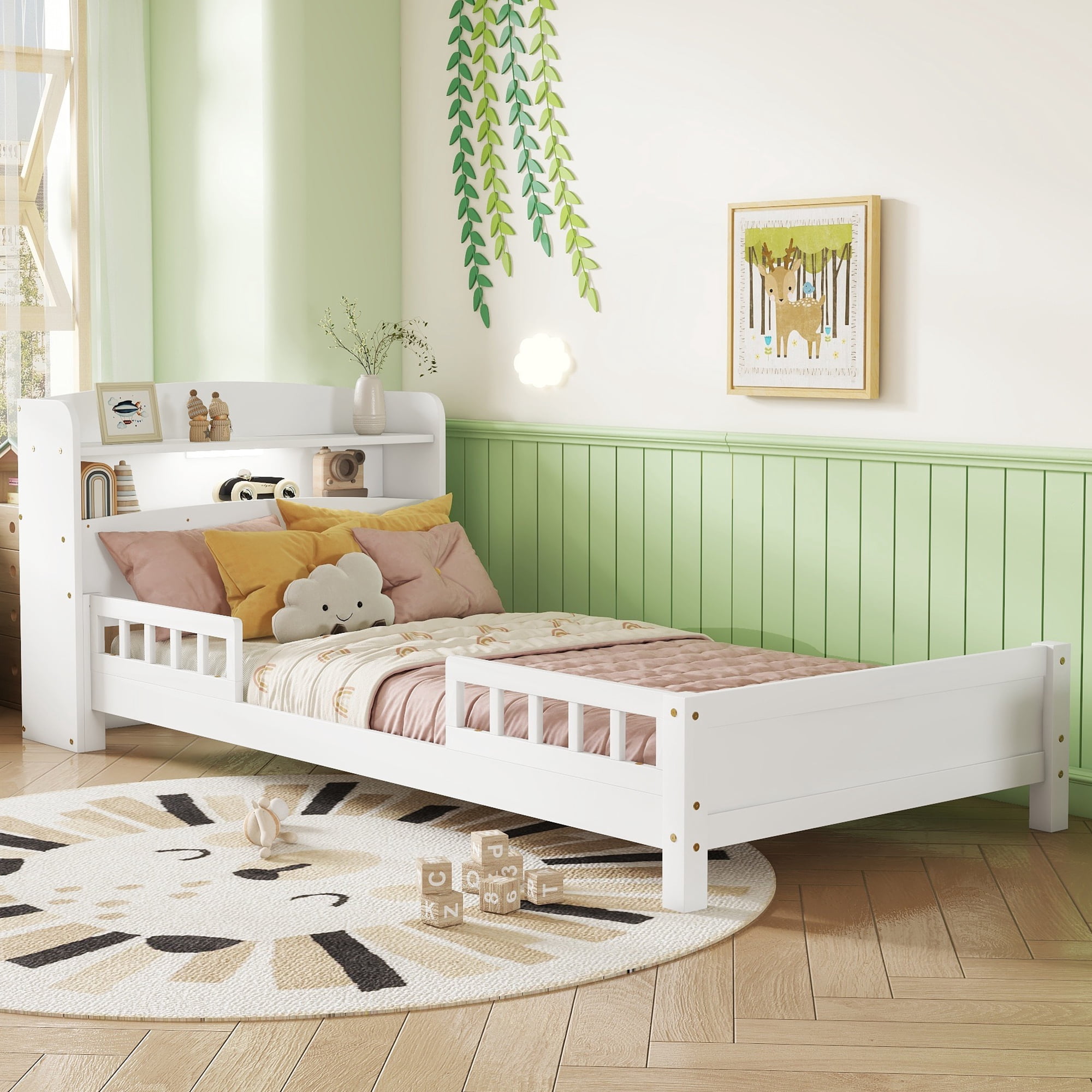 Leumius Twin Pine Wood Bed with Bookcase Headboard, LED Motion Sensor Light, Guardrails for Boys Girls White