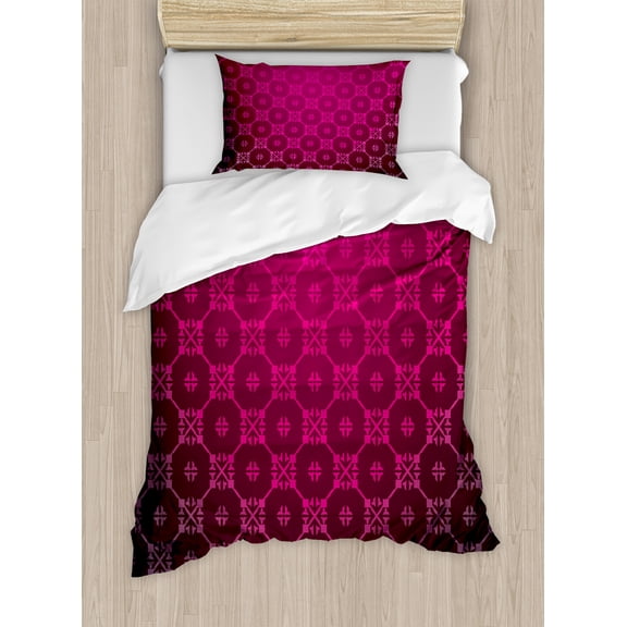 Magenta Duvet Cover Set, Medieval Style Endless Bound Square Shaped Striped Middle Age Damask Motifs Print, Decorative 2 Piece Bedding Set with 1 Pillow Shams, Twin Size, Magenta, by Ambesonne