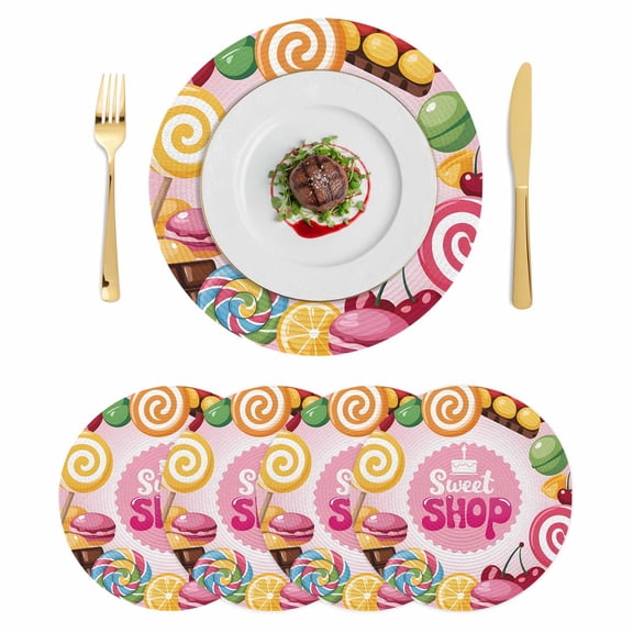 Sweet Shop Words Round 15 Inch Placemats Set of 4, Candyland Colorful Lollipop Potatoes HeatResistant Non Slip Place Mats for Dining Table, Wipeable Braided Kitchen Table Mats for Housewarming