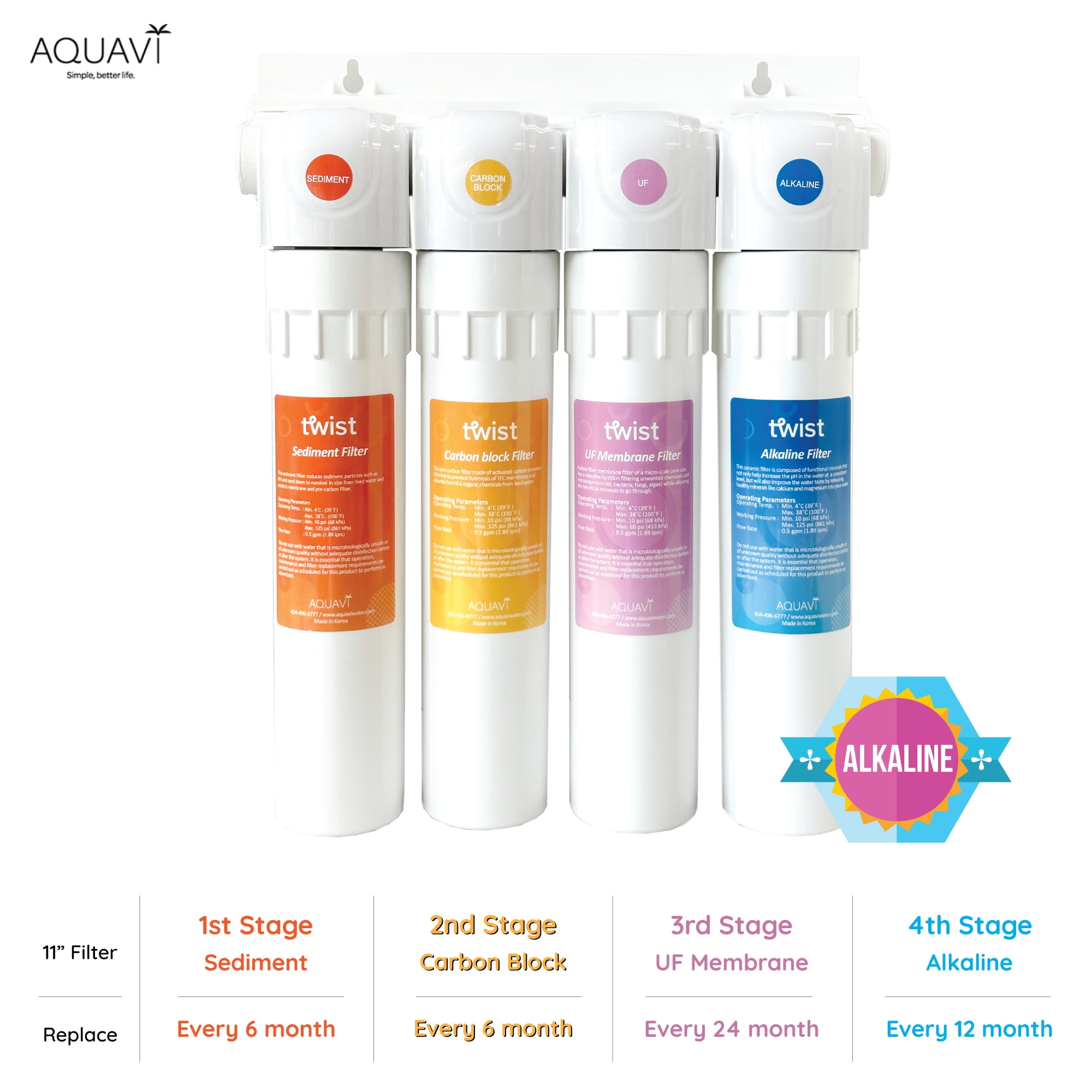 AQUAVI Twist Ultra-Filtration Alkaline Under Sink Water Filter System, 4-Stage High Capacity, Remove 99.99% Contaminants, Quick Filter Change with Brushed Nickel Faucet