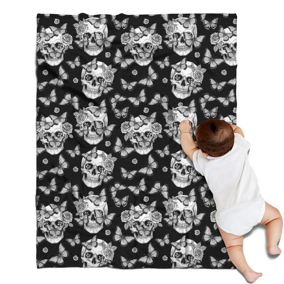 Black Skull Butterfly Pattern Blanket,Comfortable Soft Flannel Throw Blanket,All Season,Warm Lightweight Blankets for Sofa Bed Couch Living Room Chair,30"x40"