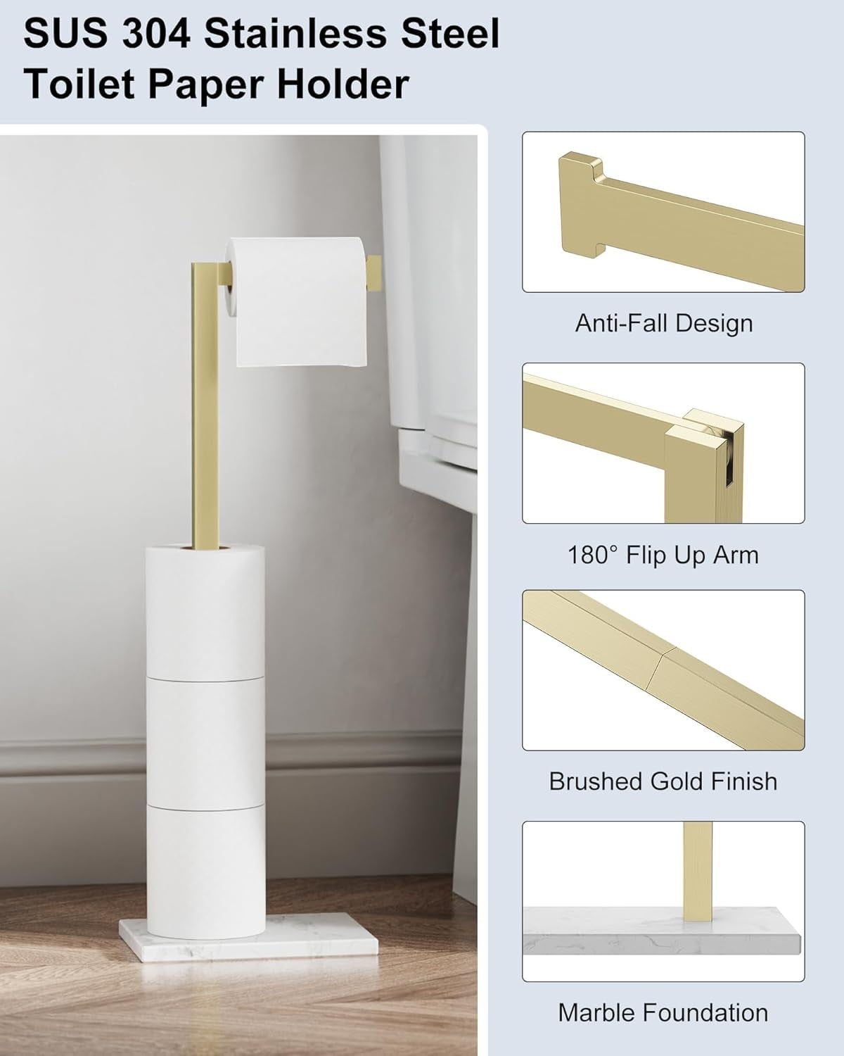 Toilet Paper Holder Stand Brushed Gold SUS 304 Stainless Steel Rustproof Free Standing 22 Inch Rotating Bathroom Tissue Roll For 4 Rolls With Marble Base