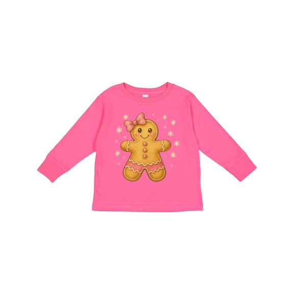 Inktastic Cute Gingerbread Girl with Pink Bow Christmas Boys or Girls Long Sleeve Toddler T-Shirt
